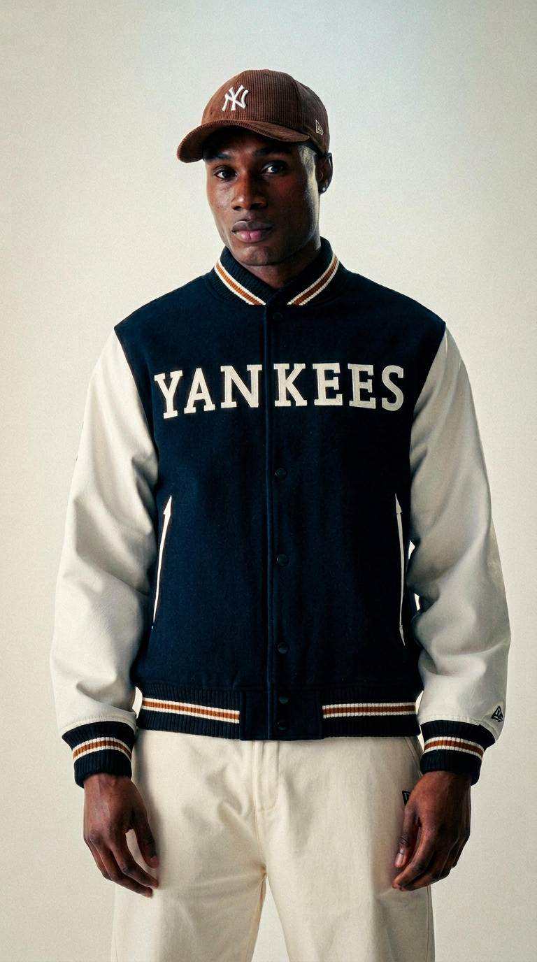 AI product shot of New York Yankees MLB Wordmark Black Varsity Jacket
