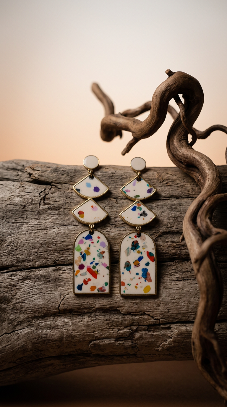 AI product shot of One of a Kind Cream Confetti Rain Chain Earrings