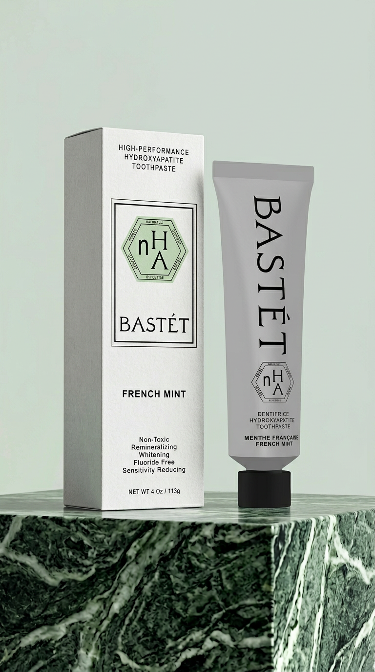 AI product shot of Bastét French Mint Toothpaste