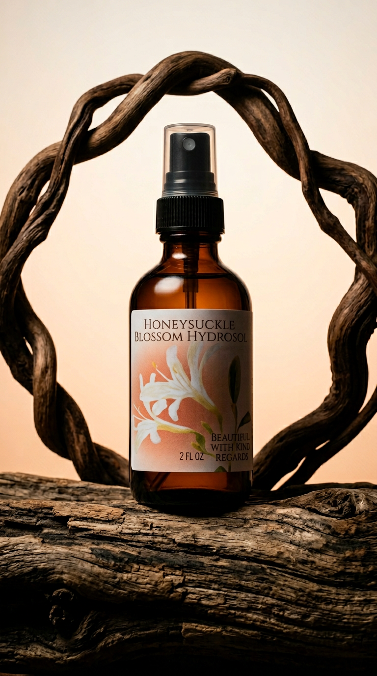 AI product shot of Honeysuckle Flower Hydrosol made in Ojai