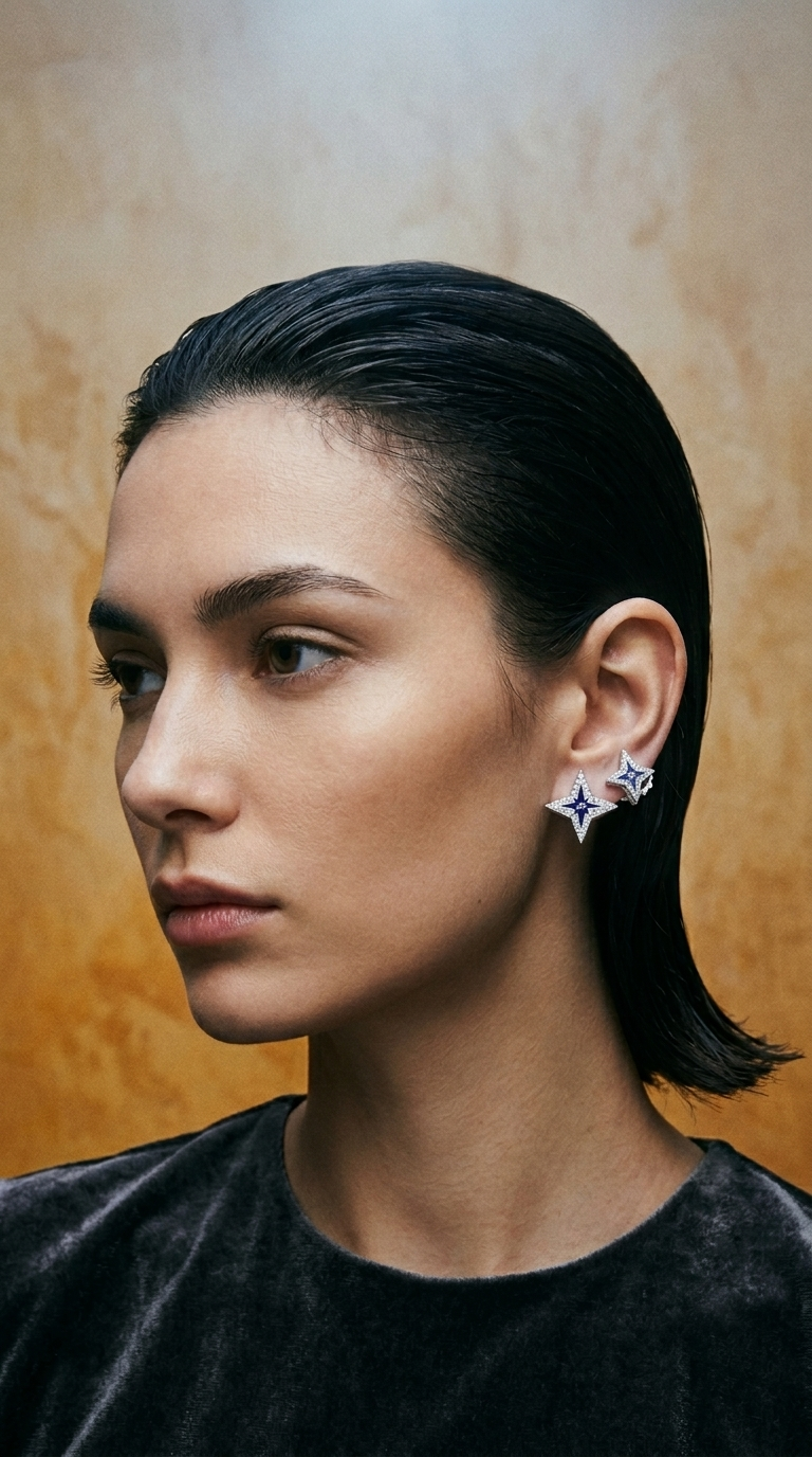 AI product shot of 18K WHITE GOLD STARDUST SMALL PAVE DIAMOND & BLUE CERAMIC STAR STUD EARRINGS