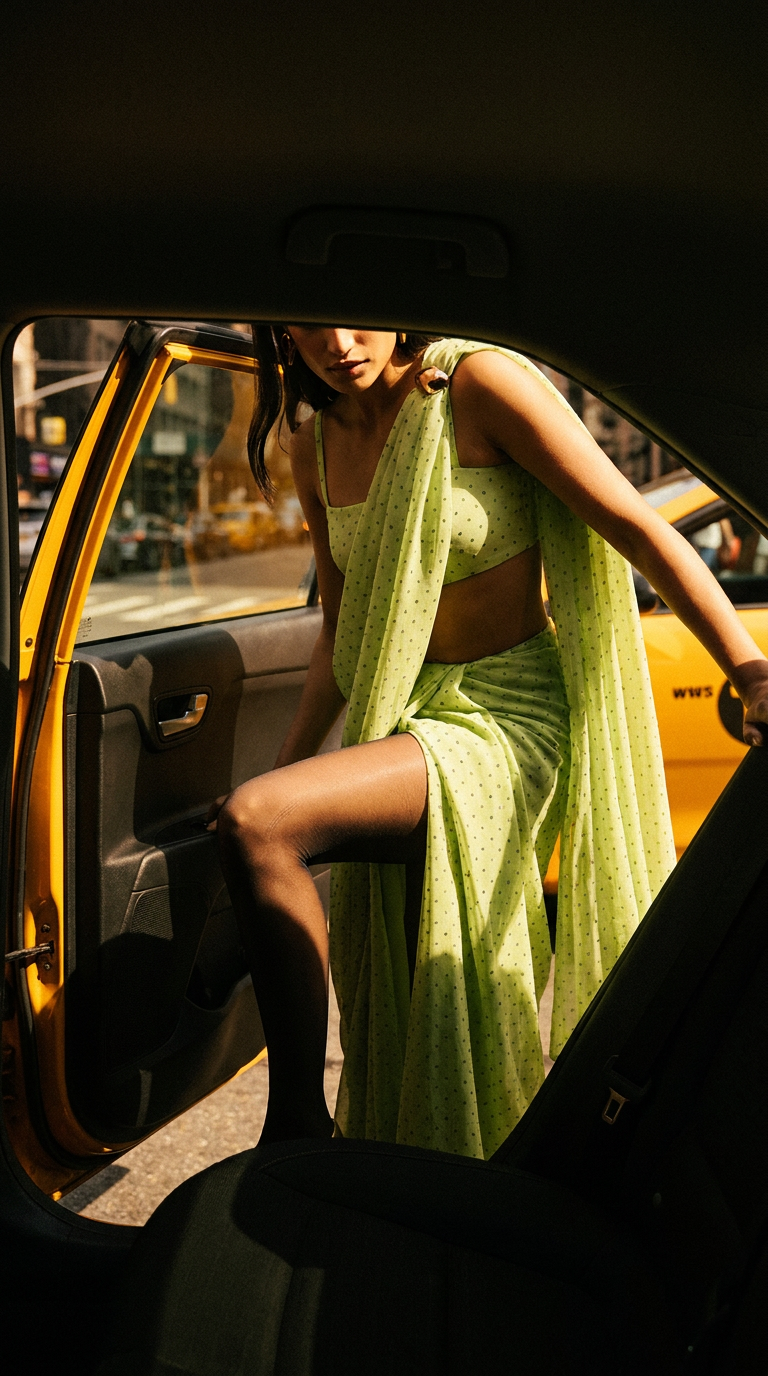 AI product shot of Mint Green Polka Dotted Brooch Saree