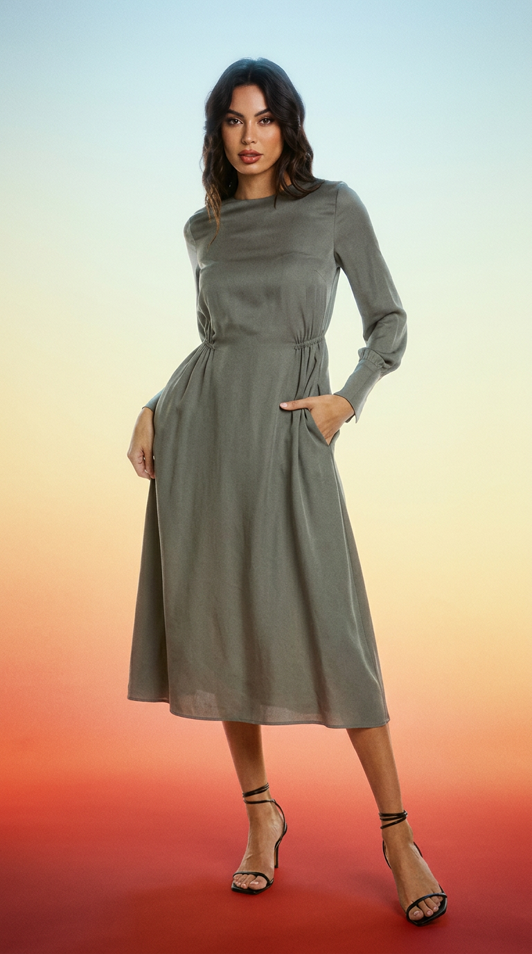 AI product shot of ELIZA J Silk Belted Dress in Dove Grey