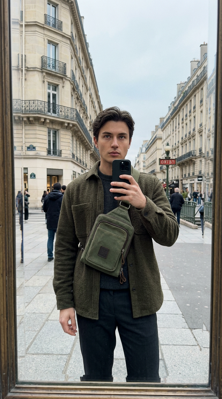 AI product shot of Tyne - Waxed Canvas Sling Crossbody Bag - Moss Green