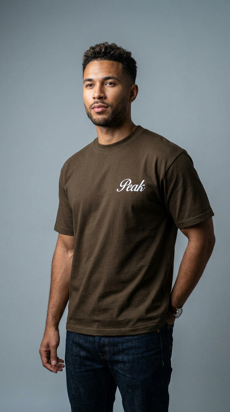 AI product shot of 'Peak Insignia' Heavy Tee | Dark Brown