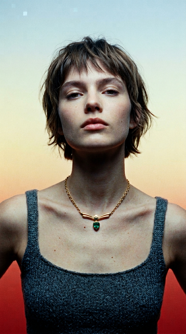 AI product shot of 18K Gold Emerald Diamond Necklace