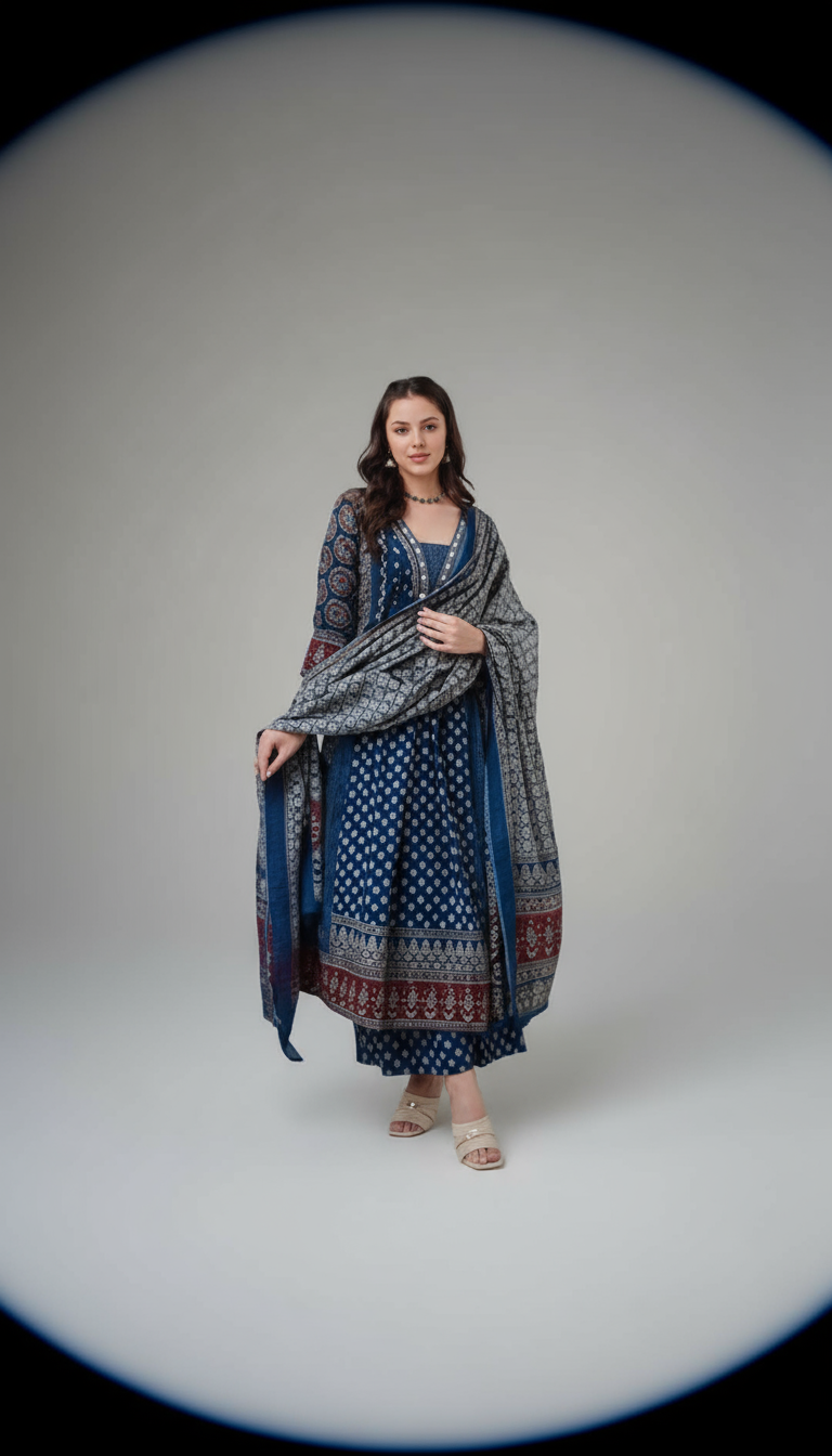 AI product shot of KLOSIA Women's Rayon Printed Anarkali Kurta and Pant with Dupatta Set