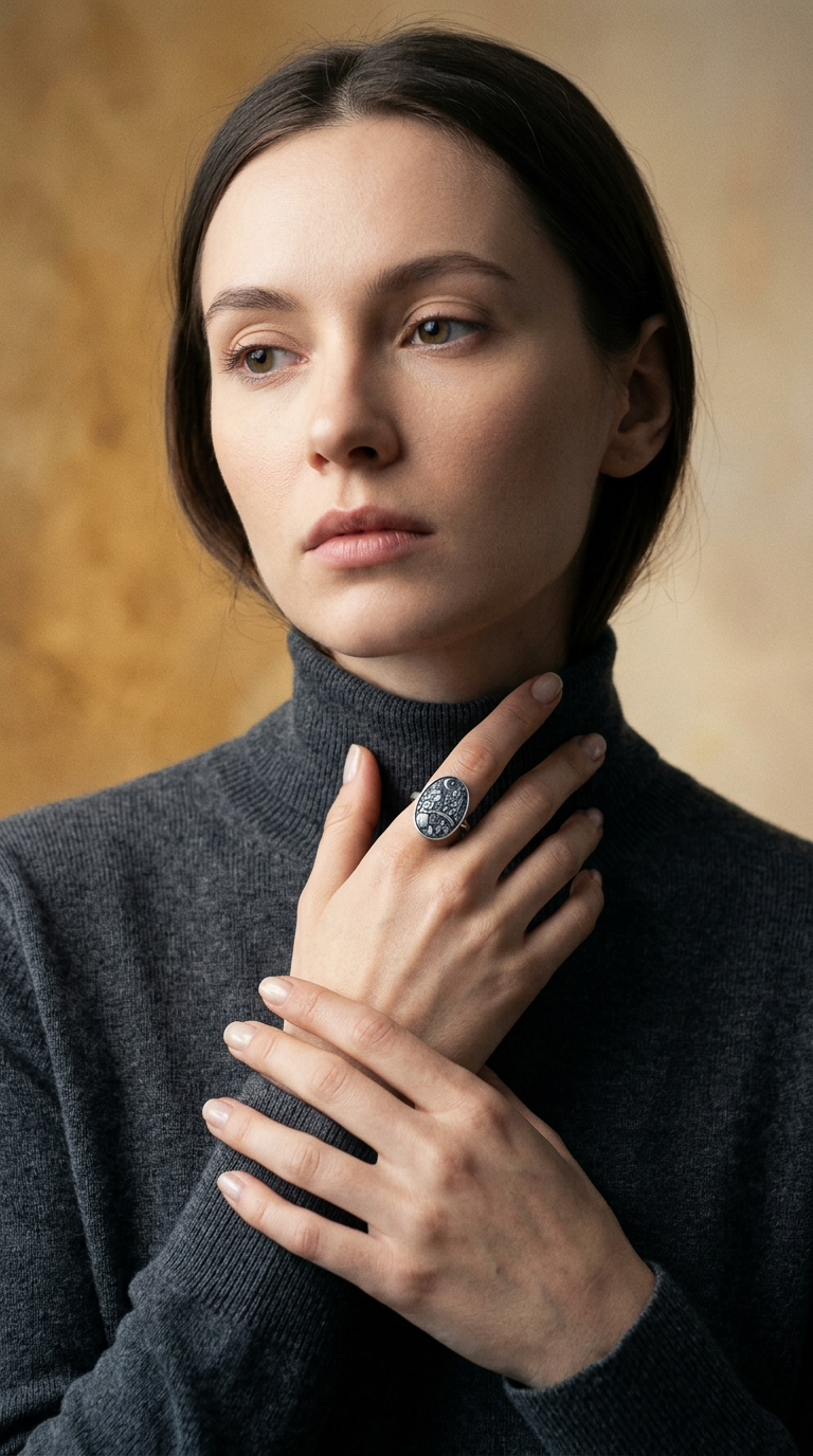 AI product shot of Sterling Silver Alice in Wonderland Ring, Storybook Jewelry with Caterpillar Scene