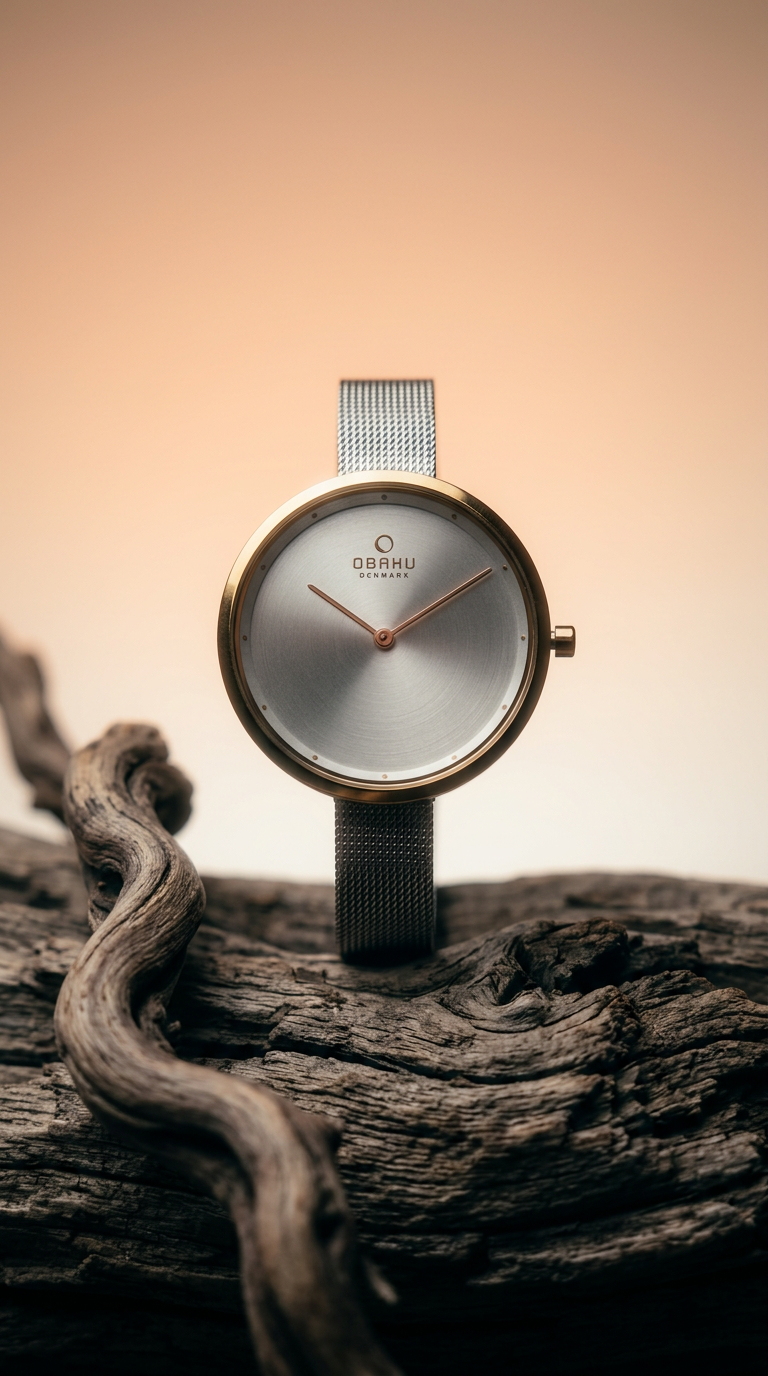 AI product shot of Montre Obaku avec cadran brossé blanc et bracelet métallique