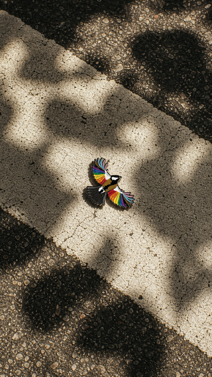 AI product shot of Fly With Pride Bird Enamel Pin