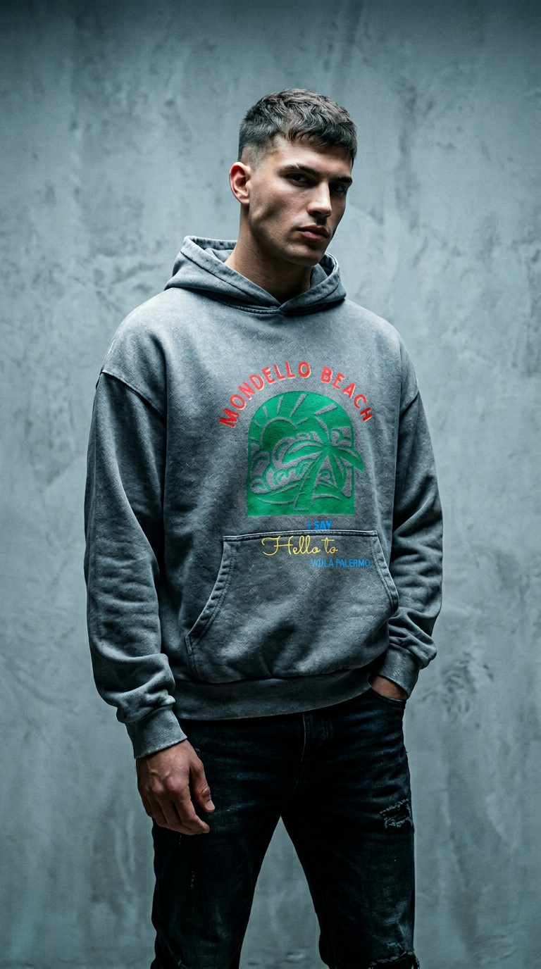 AI product shot of Oversized Hoodie Mondello Beach – Vintage Washed Look 🏄🏽♂️