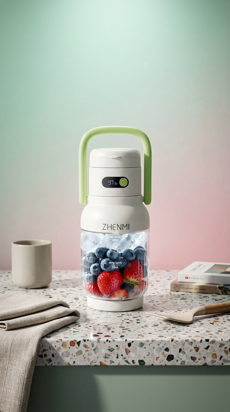 AI product shot of FreshGo Max: בלנדר עוצמתי נייד 1 ליטר – השייק האהוב עליך, בכל מקום ובכל זמן 🥤✨