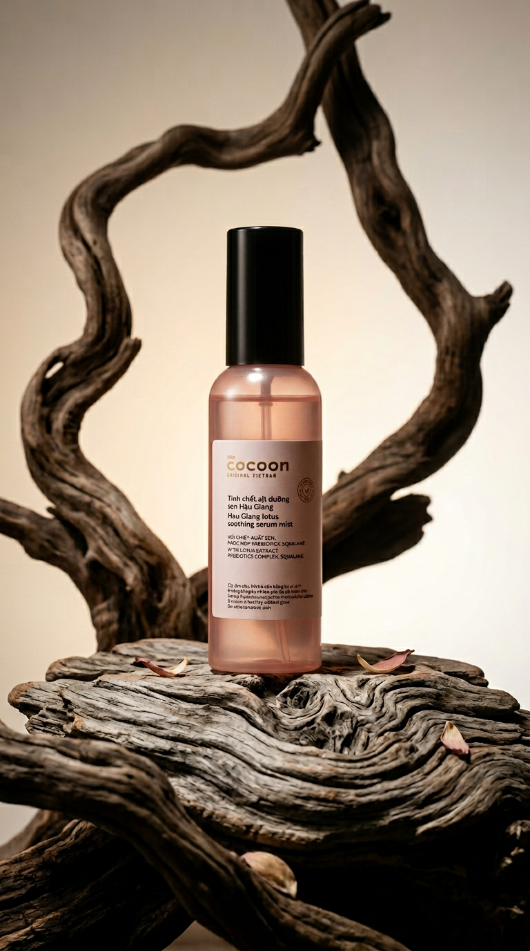 AI product shot of Cocoon Hau Giang Lotus Toning Mist Essence 100ml