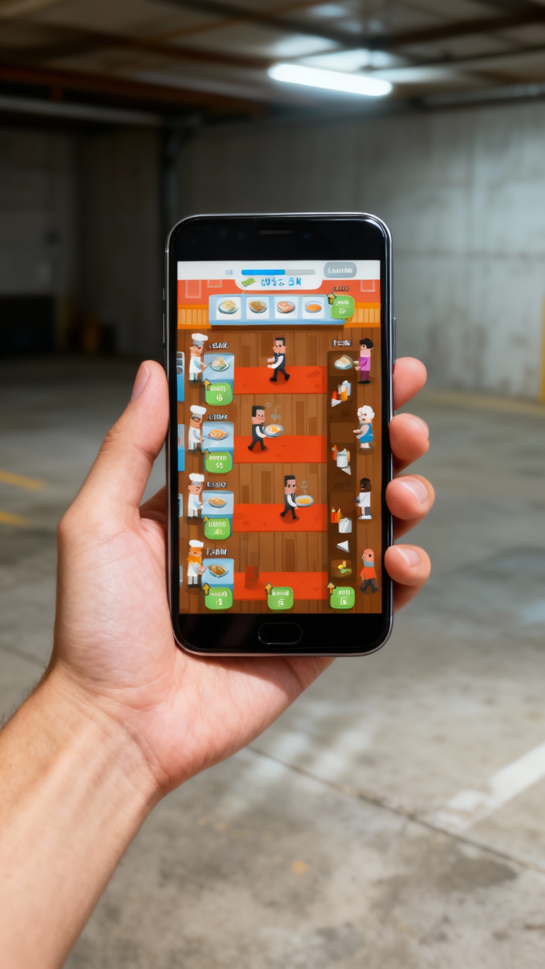 AI product shot of UI and game art for Idle "Restaurant" mobile game