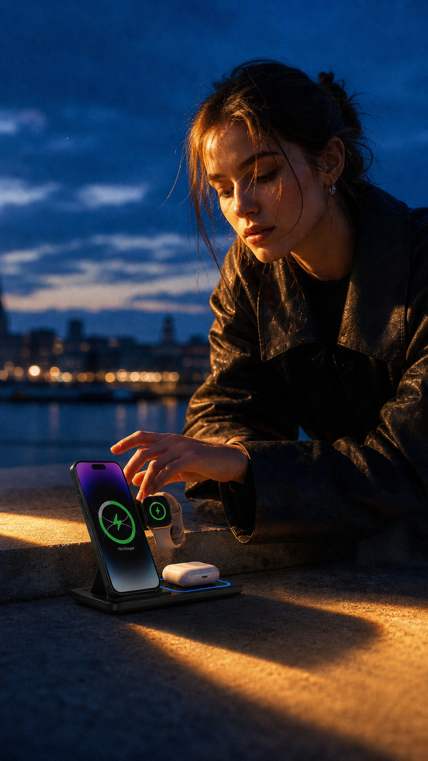 AI product shot of Station de Charge Sans Fil 3 en 1 — 30W Pliable, iPhone & Apple Watch & AirPods