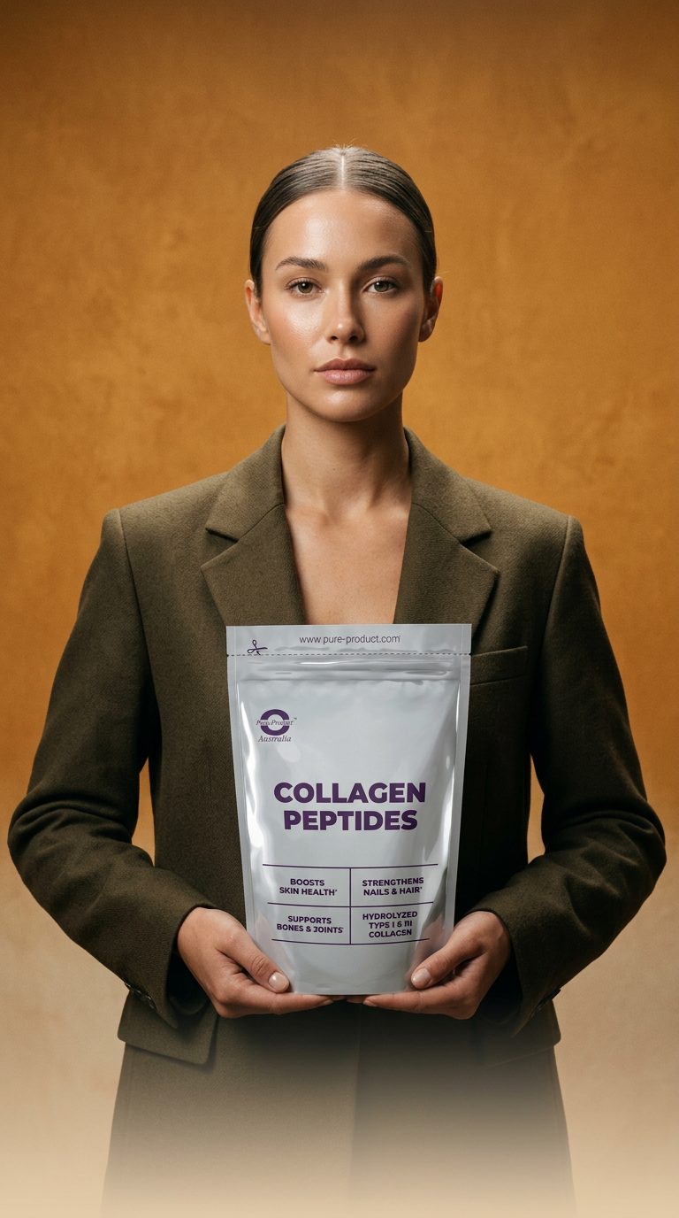 AI product shot of Pure Product Australia - Collagen Protein Peptides - 100% Hydrolysed Collagen - 1kg Unflavour - Supports Skin, Hair, Nails & Joints