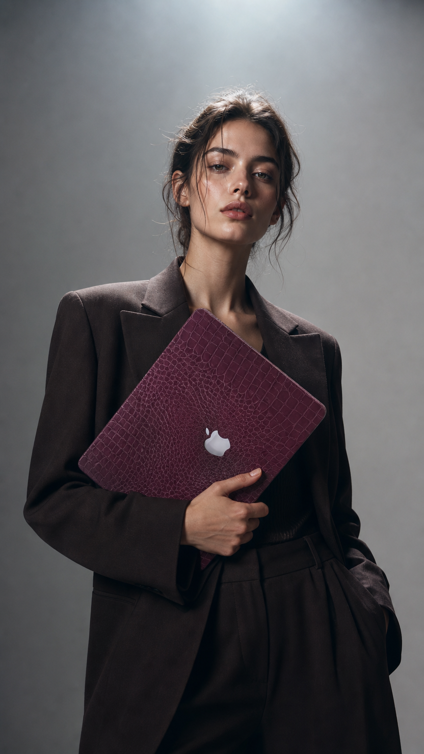 AI product shot of Macbook cover croco bordeaux