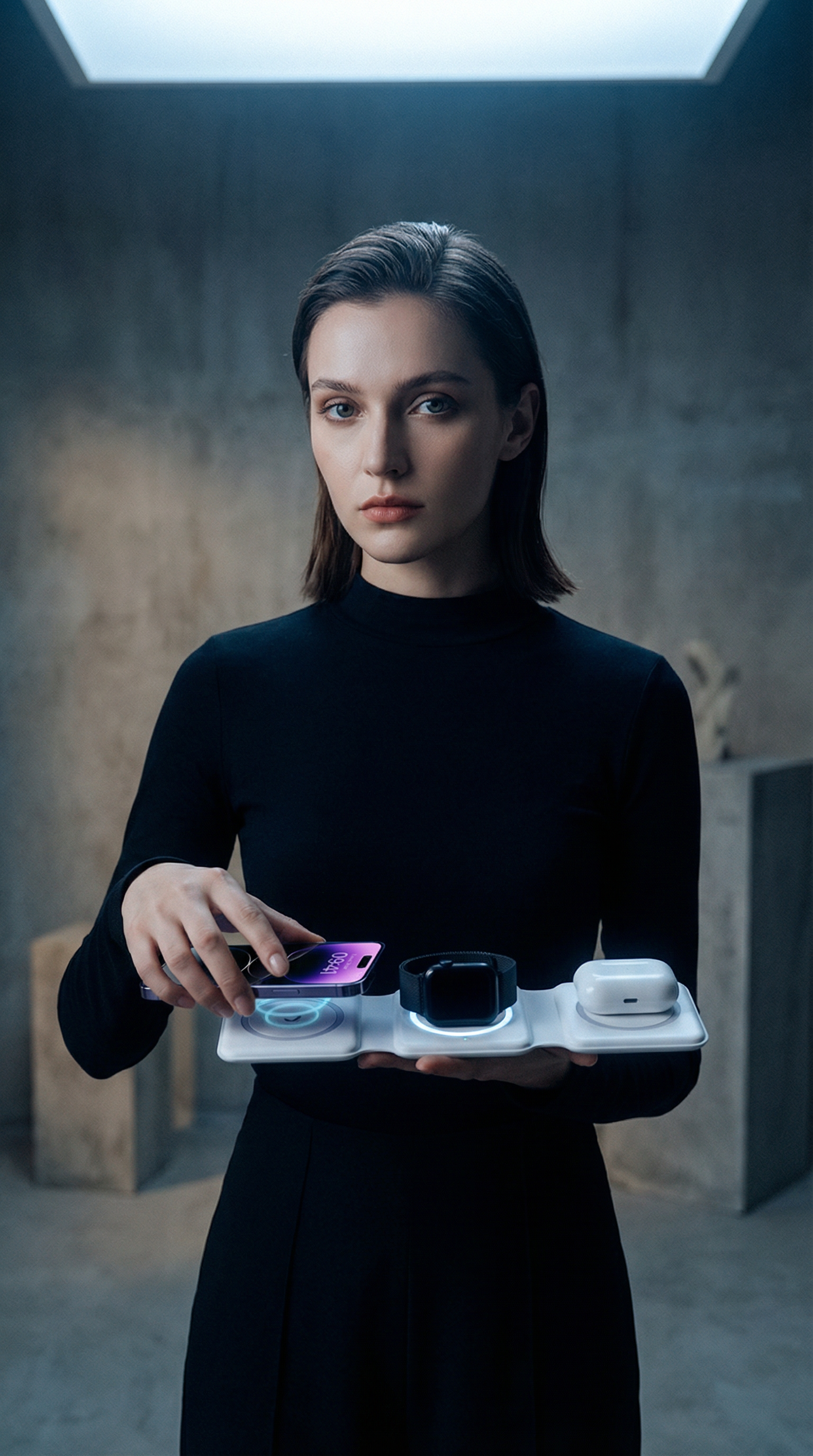 AI product shot of 3 Custom logo Foldable 15w Magnetic Wireless Charger 3 in 1 One Magnet Charging Station for iPhone Pro for Iwatch for airpod