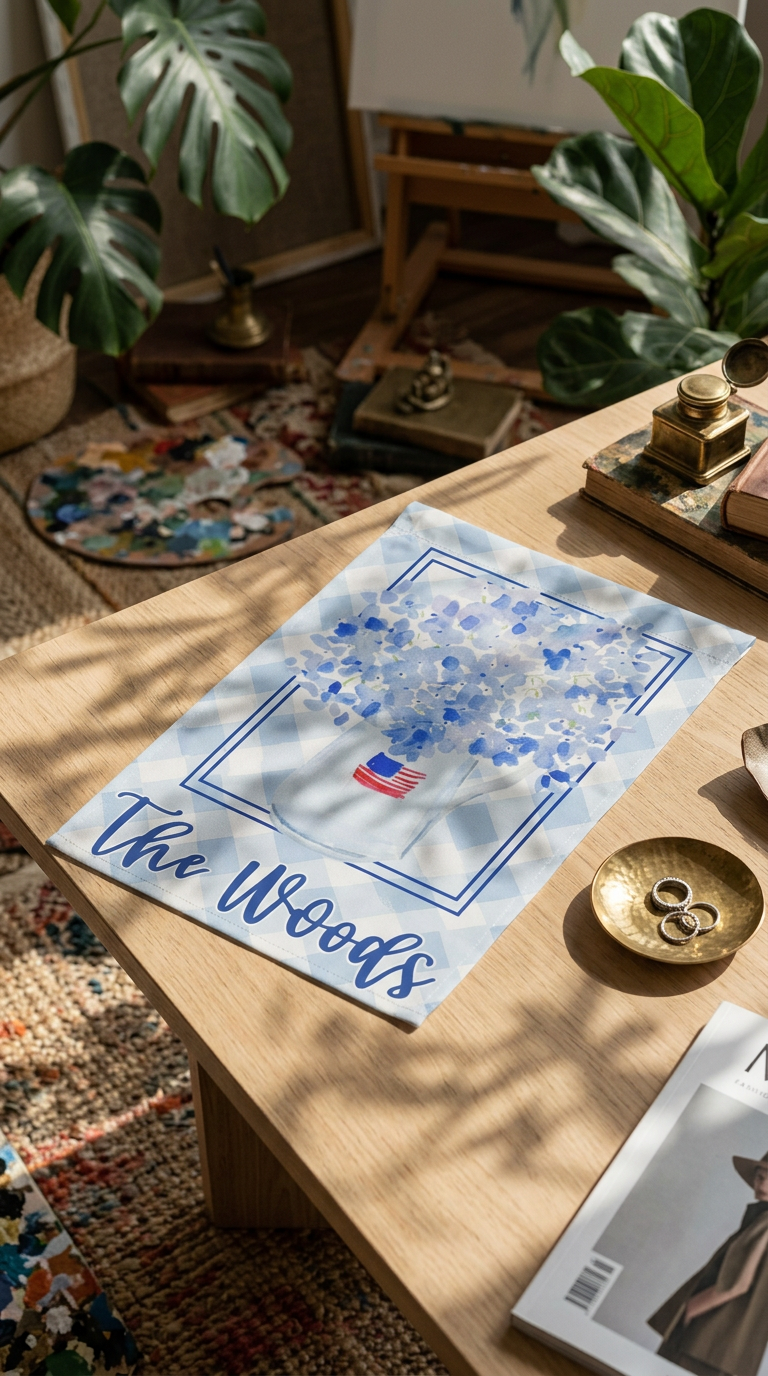 AI product shot of Patriotic Hydrangea Garden Flag Personalized