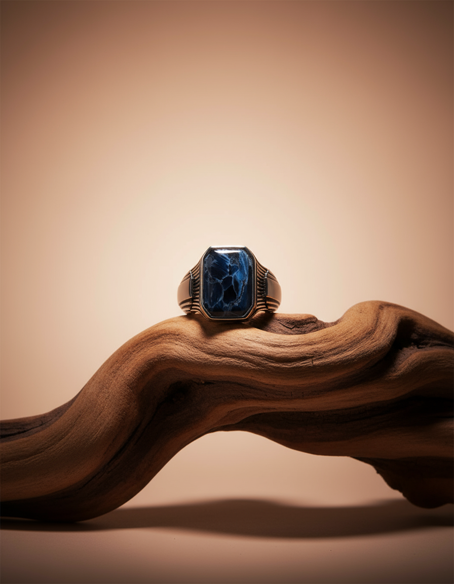 AI product shot of Bariq - Blue Pietersite Signet Ring 17mm