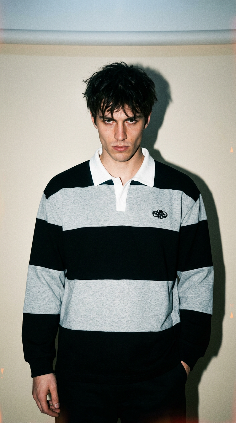 AI product shot of STRIPED RUGBY POLO - BLACK/GREY