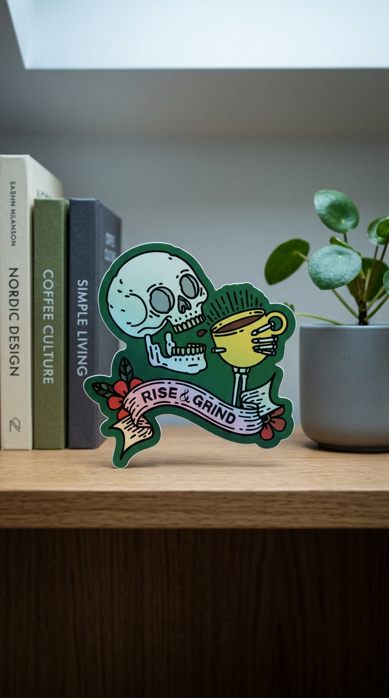 AI product shot of Rise & grind holographic sticker