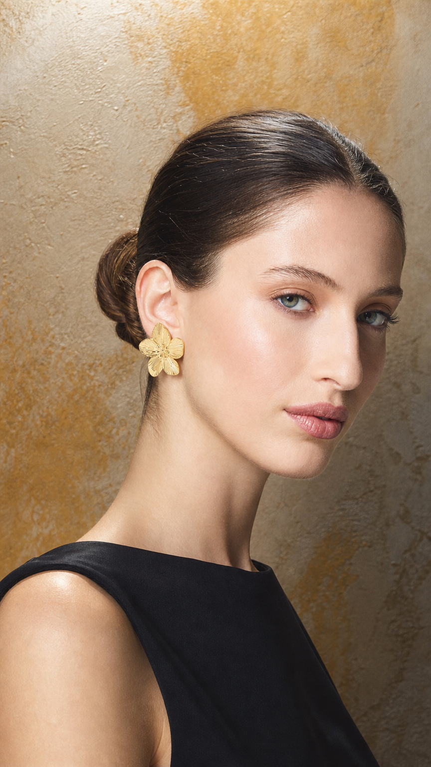 AI product shot of Waterproof Gold Plated Stainless Steel Textured Flower Stud Earrings