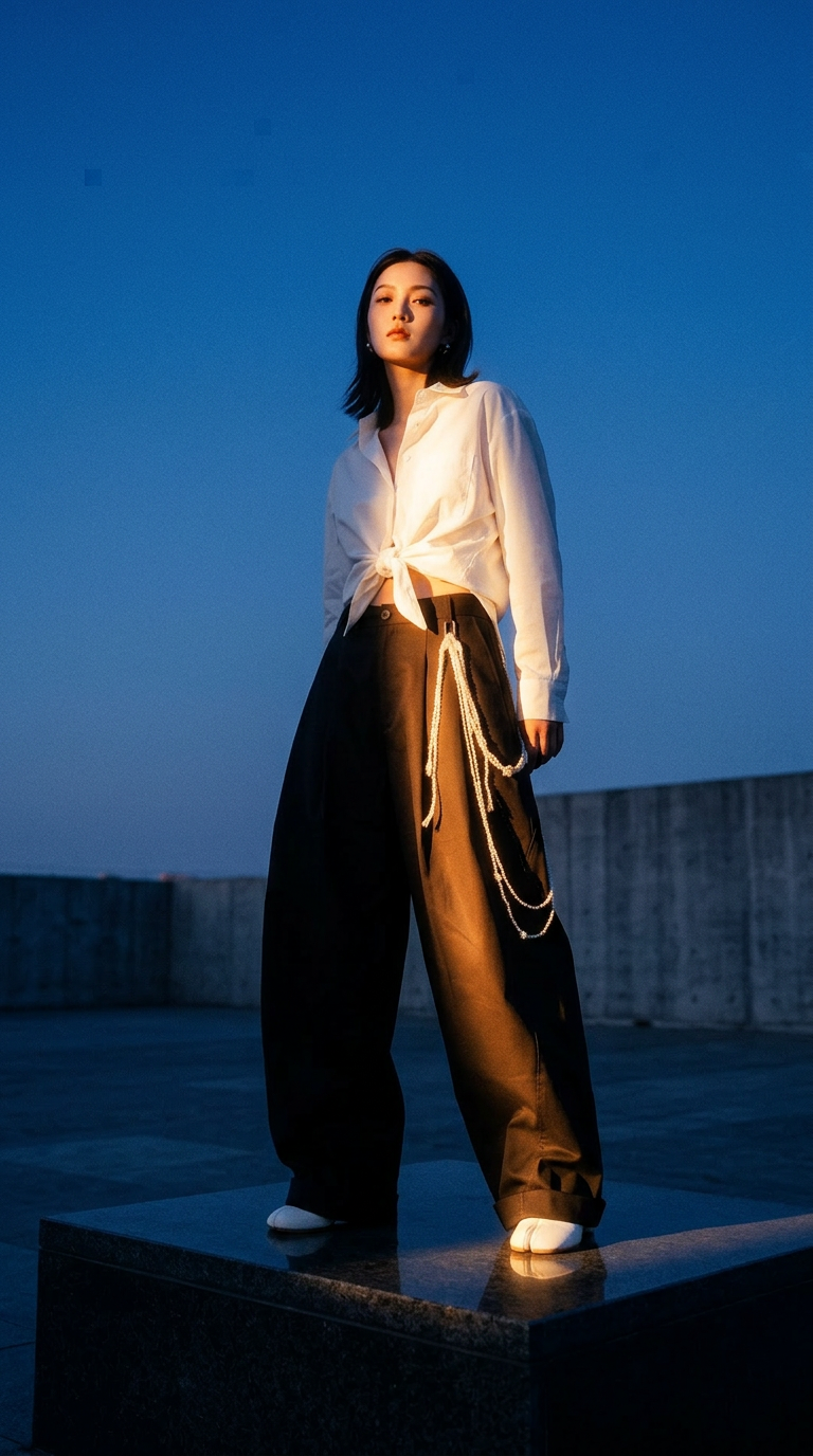 AI product shot of 闆娘自留/帥氣弧形珍珠鏈條休閒褲