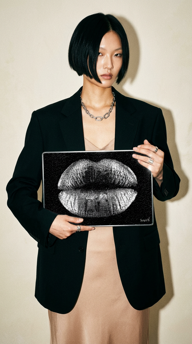 AI product shot of Cutting Board Silver White Lips Black