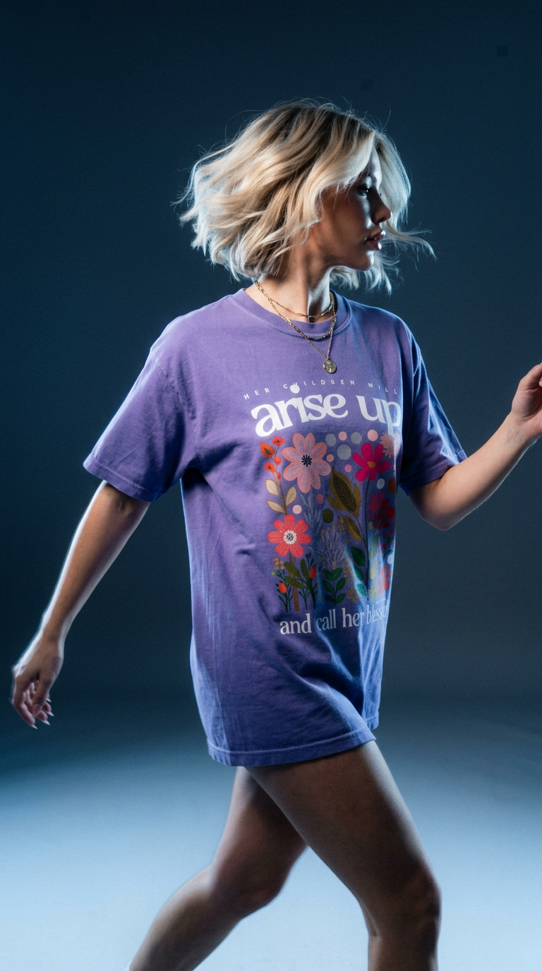 AI product shot of Arise and Call Her Blessed Heavyweight Tee