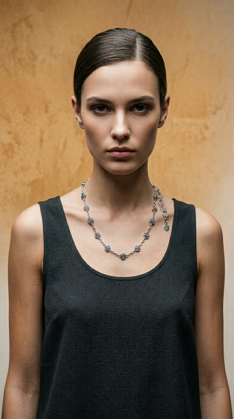 AI product shot of Balinese Artisan 925 Sterling Silver Rose Blossom Necklace