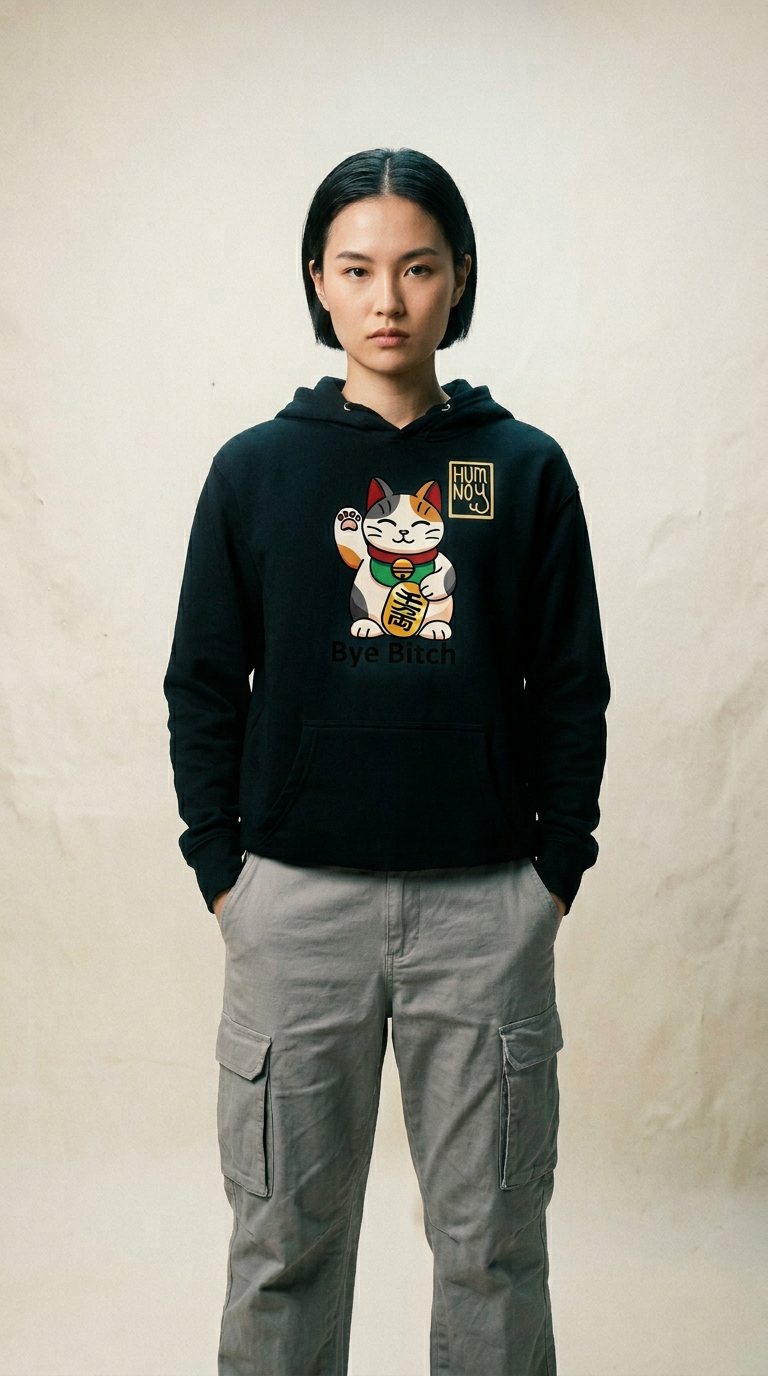 AI product shot of Hum Noy Bye Bitch Unisex midweight hoodie