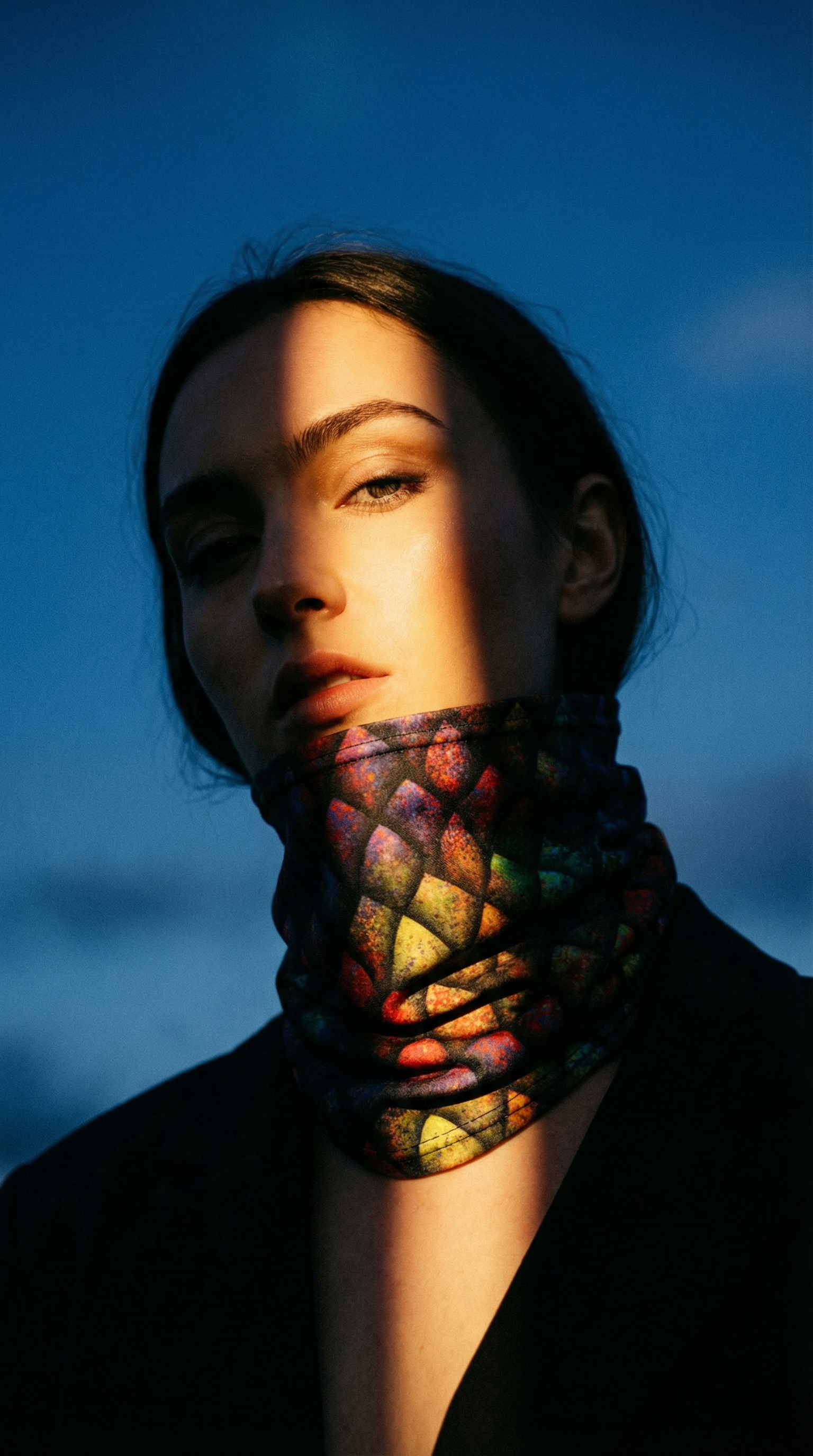 AI product shot of Rainbow Dragon Scales Snood