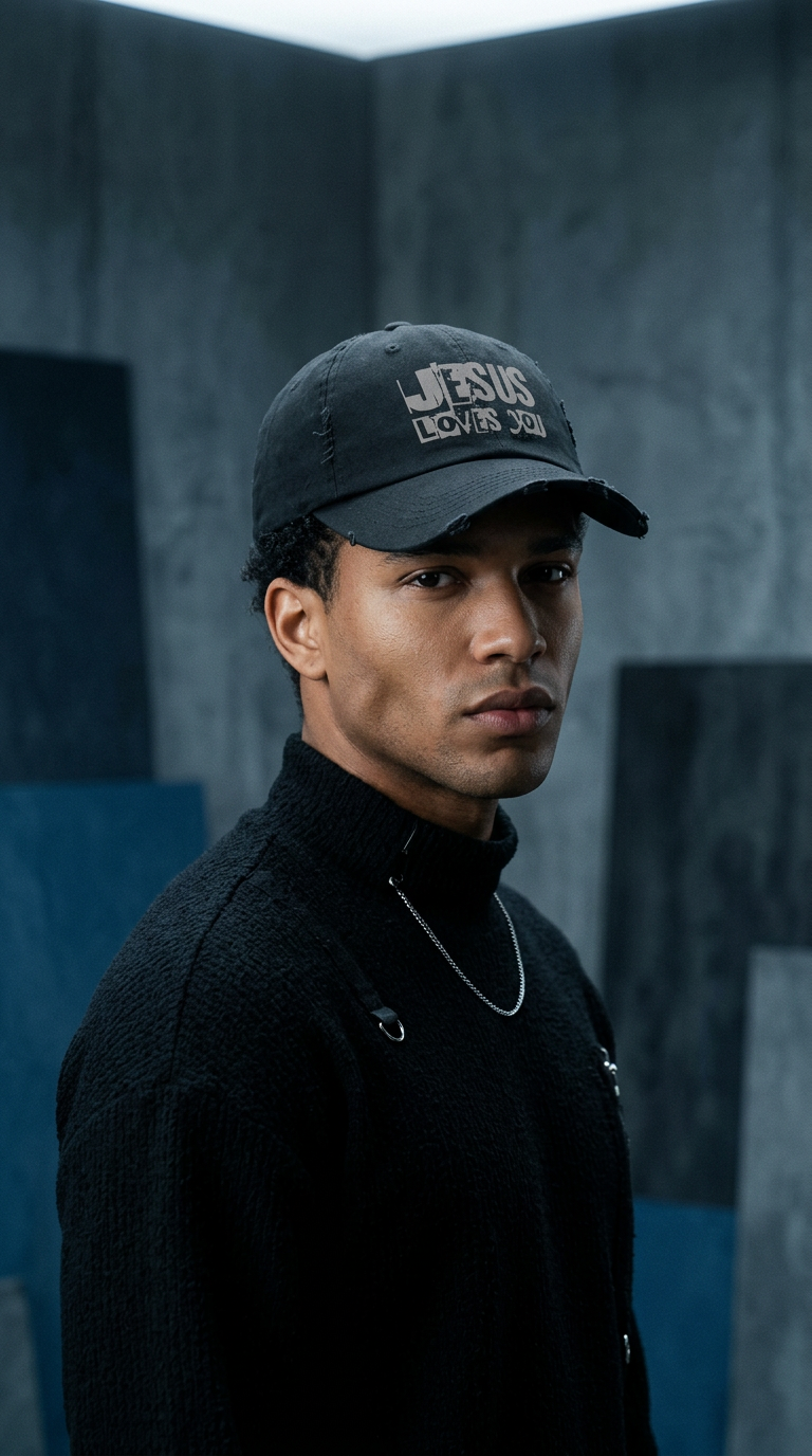 AI product shot of JESUS LOVES YOU (GRAY LETTER)- Unisex Distressed Cap