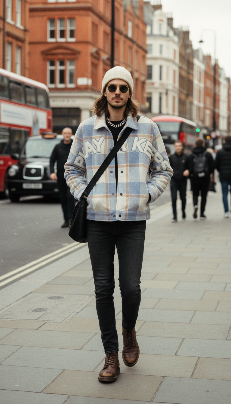 AI product shot of PFK Flannel Jacket Light Blue/Cream/White