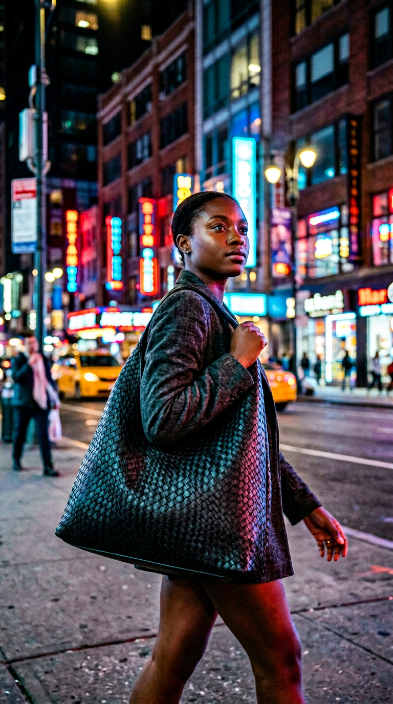 AI product shot of The Mimi slouchy woven shoulder bag in black