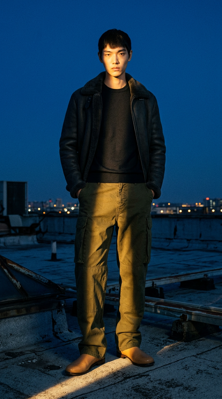 AI product shot of Mens cargo trousers in khaki