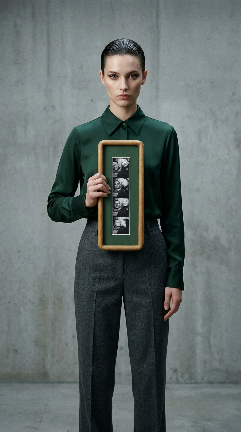 AI product shot of Rounded Teak Photobooth Frame - Green mount