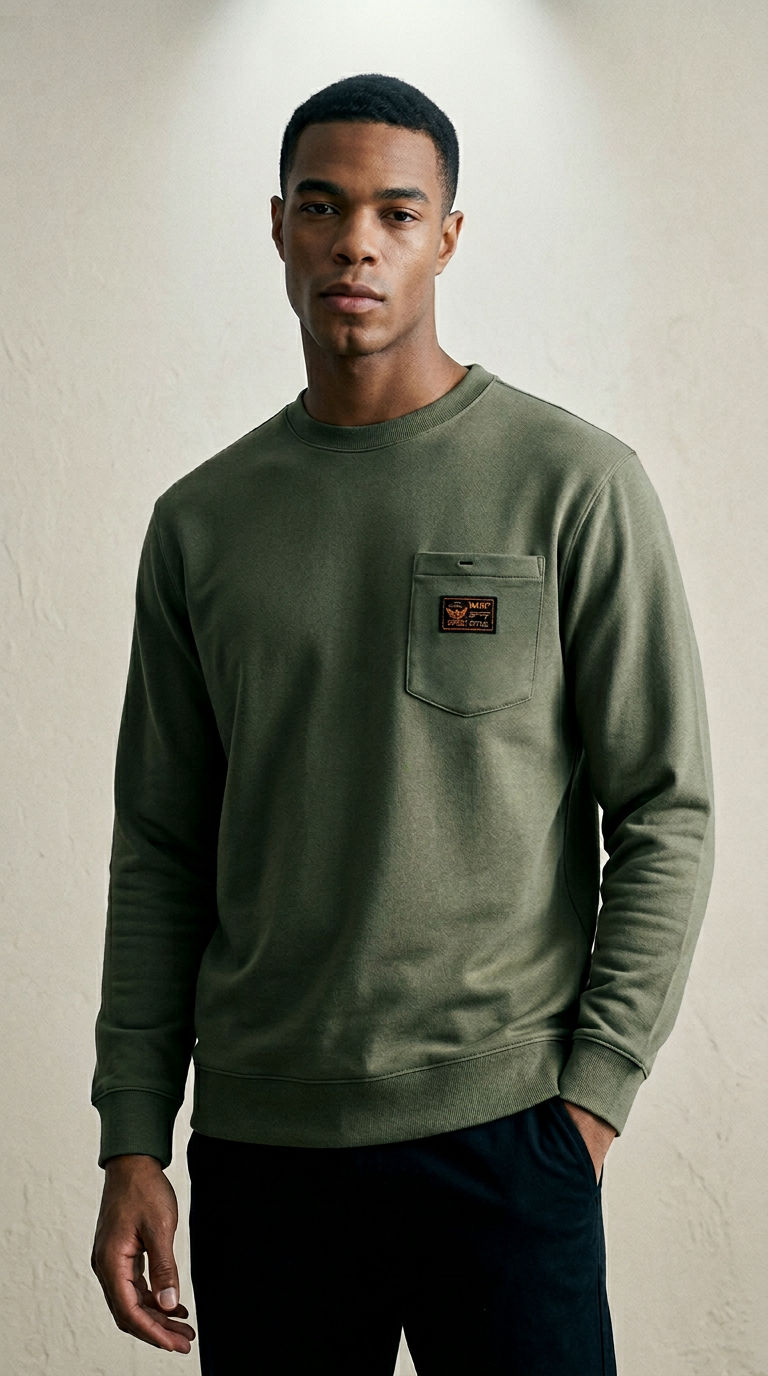 AI product shot of [펜타온] 포켓 와펜 스탠다드 아미핏 라운드 긴팔 티셔츠