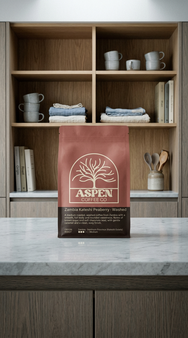 AI product shot of Zambia Kateshi Peaberry · Washed