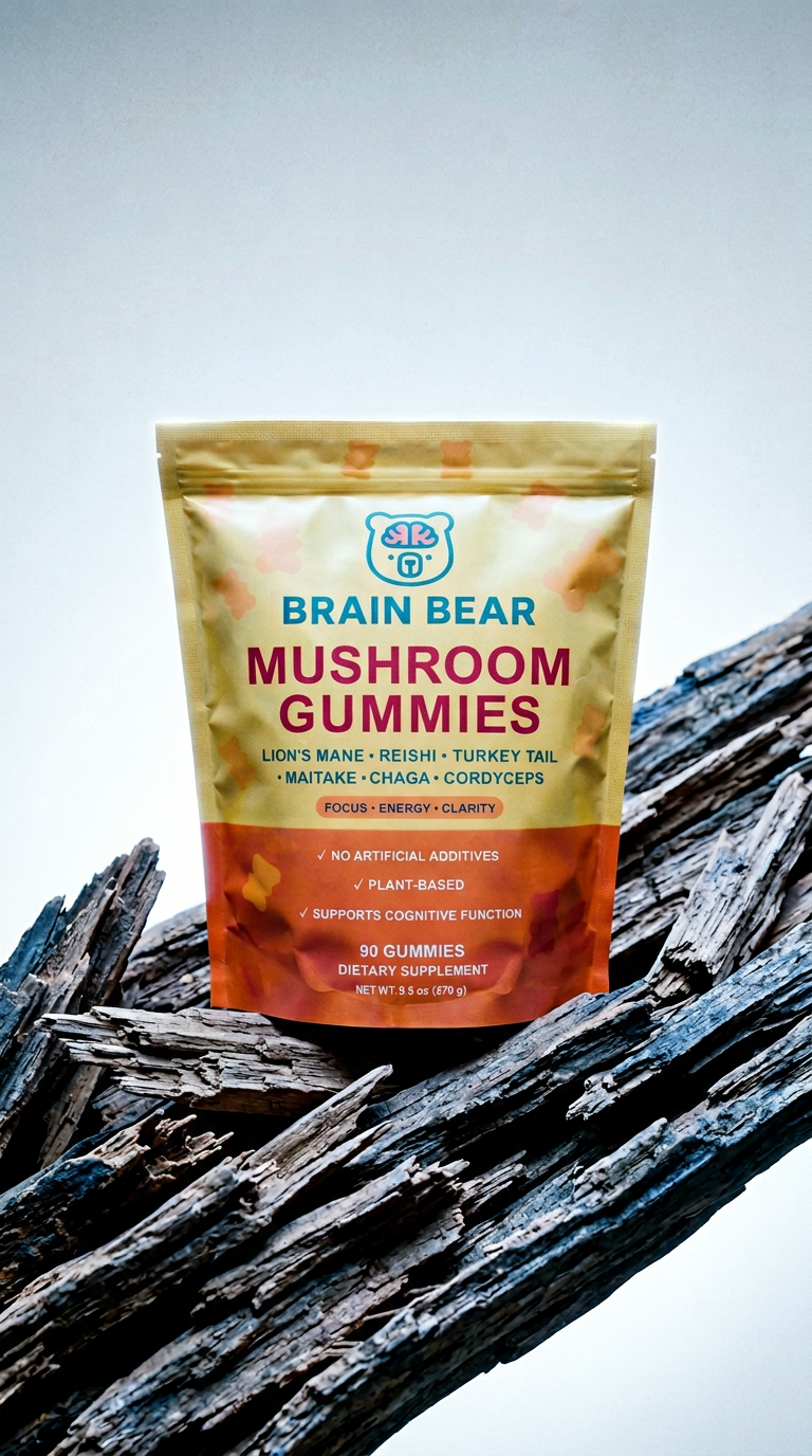 AI product shot of Brain Bear Mushroom Gummies
