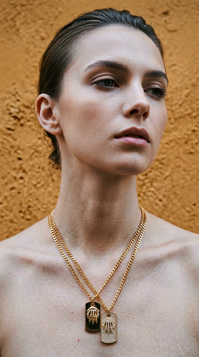 AI product shot of SKELETON DOGTAG GOLD FILLED NECKLACE