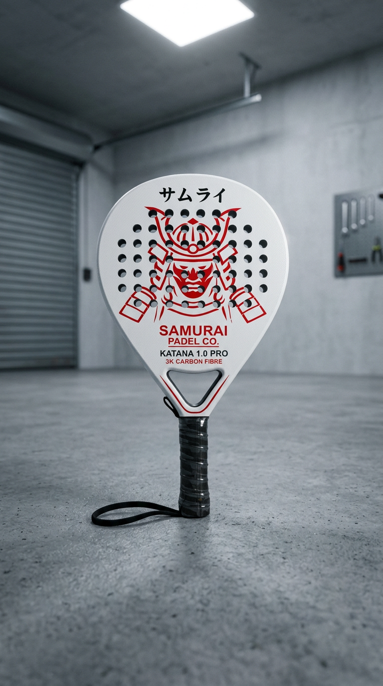 AI product shot of Samurai Padel Co. – KATANA 1.0 PRO (White Edition)