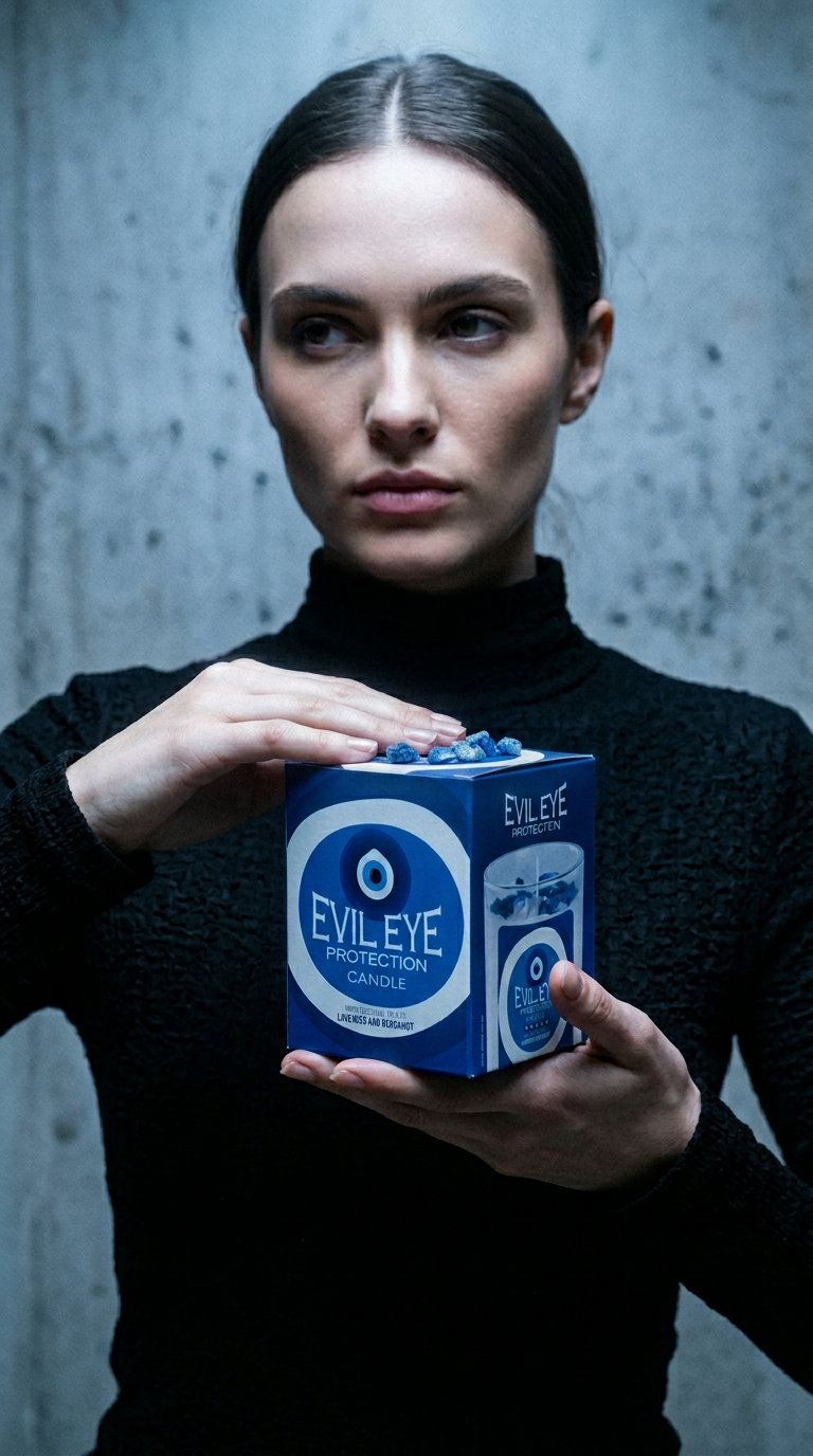 AI product shot of Evil Eye Glass Jar Candle