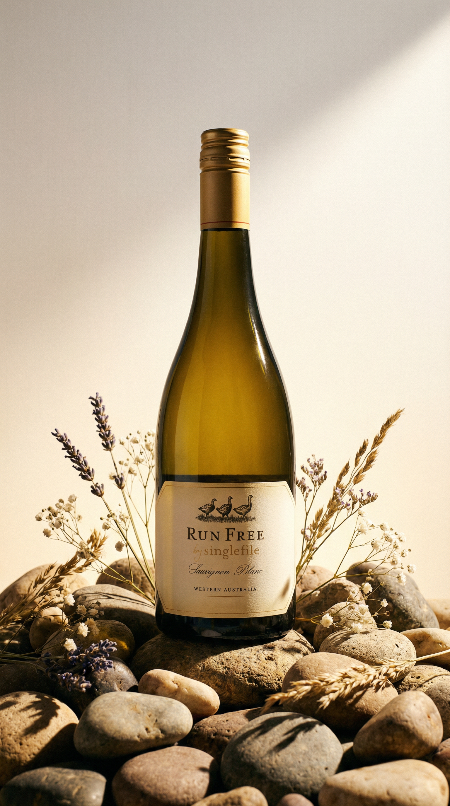 AI product shot of 2025 Run Free by Singlefile Sauvignon Blanc
