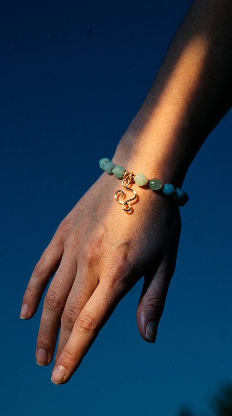 AI product shot of Lime Green Jade Bracelet with Gold Heart