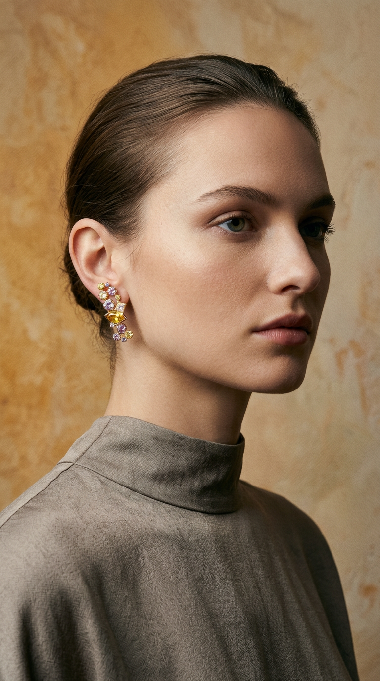 AI product shot of The Mananasi Solar Cluster: One-of-a-Kind 18k Gold, Rare Sapphire & Ocean Diamond Earrings