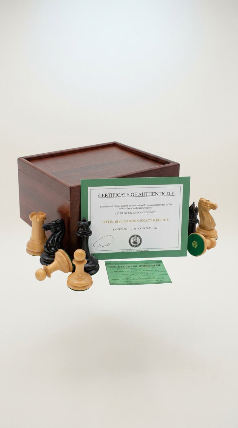 AI product shot of 1850 London Boxwood and Ebony 3.5 Inch Replica Chessmen