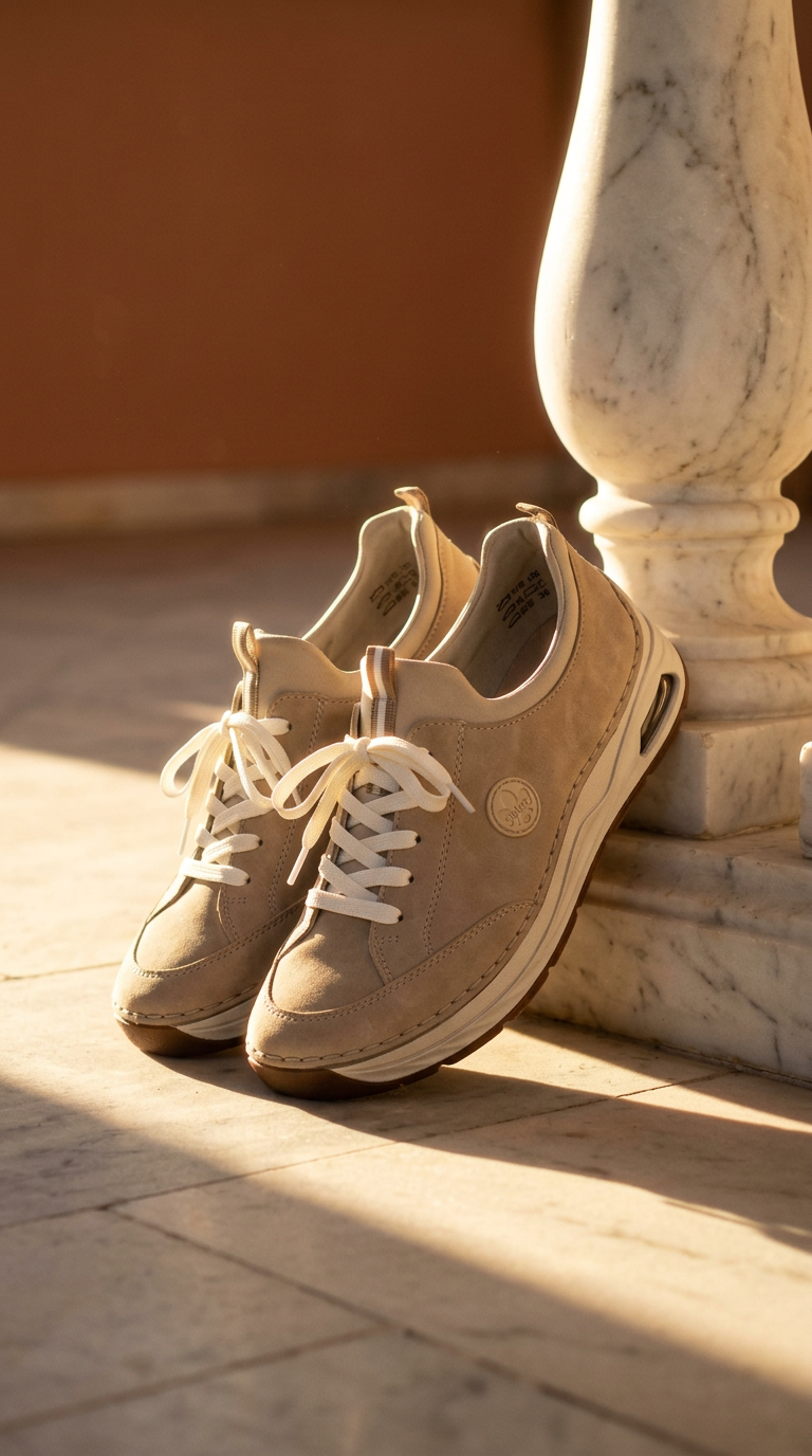 AI product shot of Półbuty damskie komfortowe beżowe Rieker 44562-62