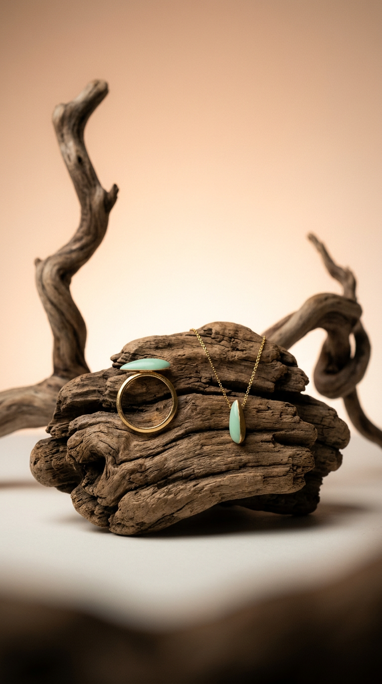 AI product shot of “Ondine” necklace and ring in a BUNDLE